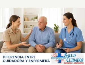 Cuidadora y enfermera conversando con un adulto mayor en una sala luminosa.