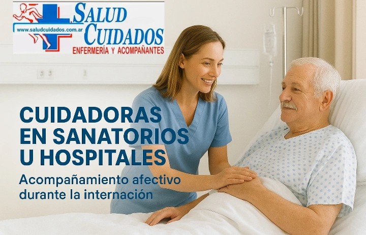 Cuidadora acompañando a un paciente internado en un sanatorio de Rosario.