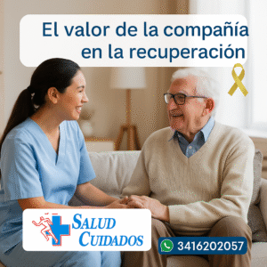 👩‍⚕️ Una cuidadora sonríe y sostiene la mano de un adulto mayor en recuperación dentro de un hogar, transmitiendo confianza y calidez. Logotipo de Salud Cuidados y contacto de WhatsApp 3416202057
