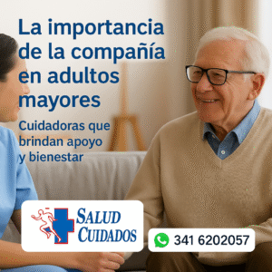 👩‍⚕️ Una cuidadora sonríe mientras acompaña a un adulto mayor en su hogar, transmitiendo cercanía y bienestar. Logotipo de Salud Cuidados y WhatsApp 3416202057 visibles en la imagen.