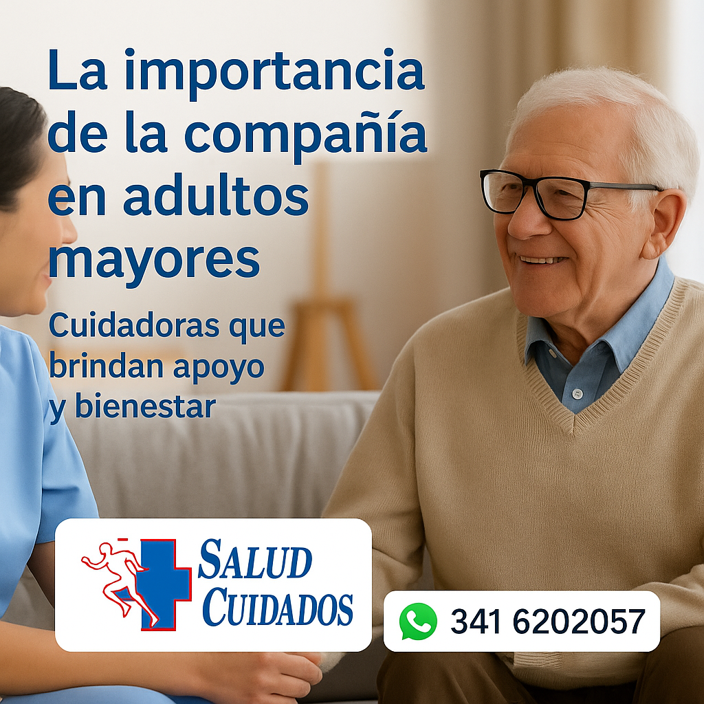 👩‍⚕️ Una cuidadora sonríe mientras acompaña a un adulto mayor en su hogar, transmitiendo cercanía y bienestar. Logotipo de Salud Cuidados y WhatsApp 3416202057 visibles en la imagen.