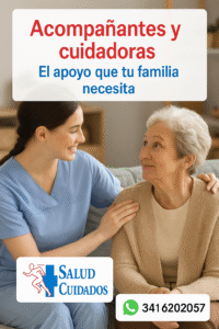 👩‍⚕️ Una cuidadora sonriente acompaña con calidez a una mujer mayor en su hogar, transmitiendo confianza y cercanía. Logotipo de Salud Cuidados y contacto de WhatsApp 3416202057.
