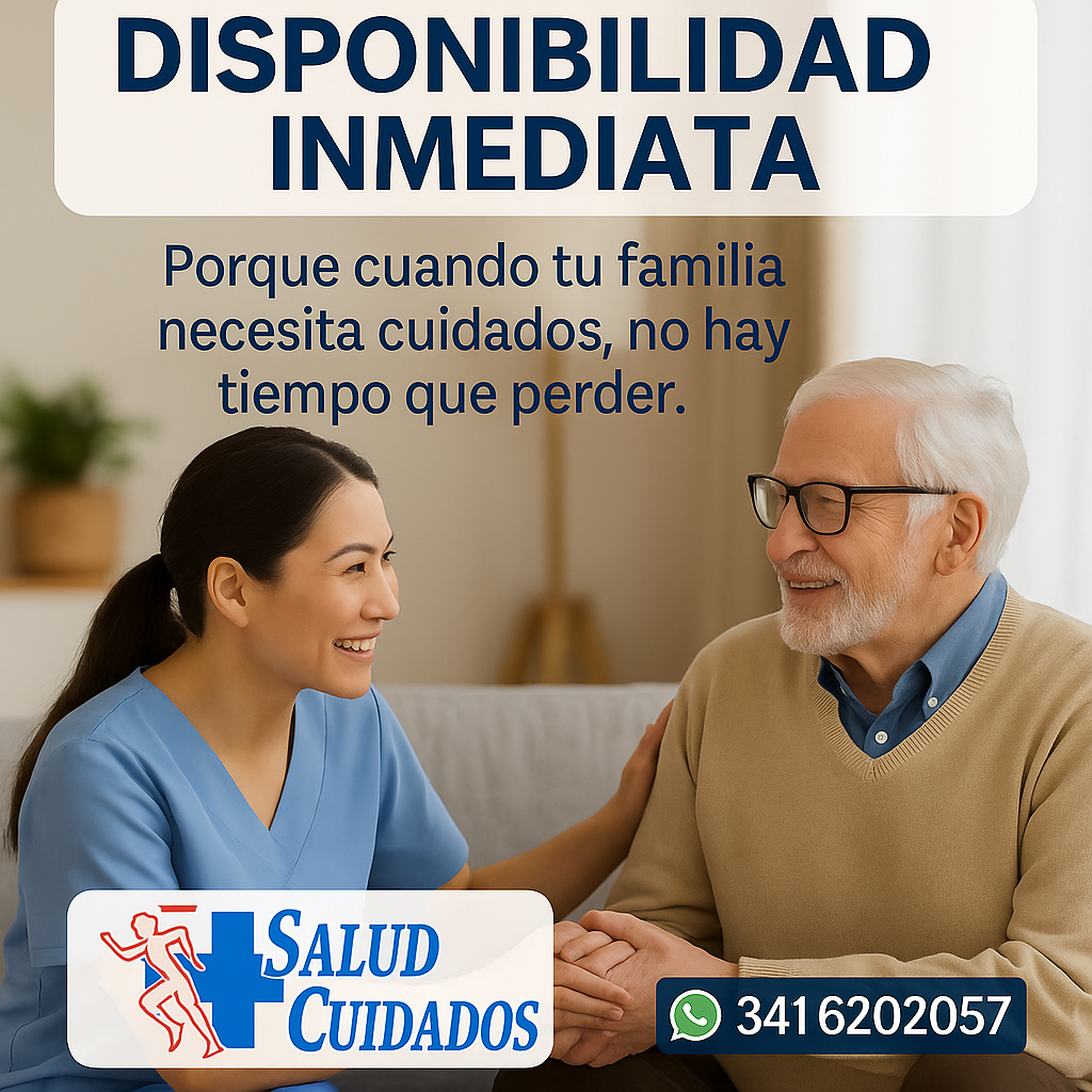 👩‍⚕️ Una cuidadora sonriente sostiene la mano de un adulto mayor en un entorno hogareño, transmitiendo confianza y tranquilidad. La imagen destaca la frase “Disponibilidad inmediata”, junto al logotipo de Salud Cuidados y el número de WhatsApp 3416202057.
