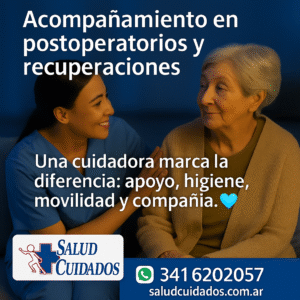 Cuidadora asistiendo a una persona en recuperación postoperatoria en Rosario, representando apoyo en higiene, movilidad, alimentación y compañía.