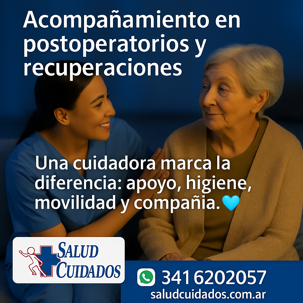 Cuidadora asistiendo a una persona en recuperación postoperatoria en Rosario, representando apoyo en higiene, movilidad, alimentación y compañía.